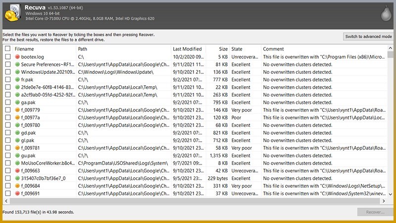 Screenshots Recuva - Phần mềm khôi phục tập tin, dữ liệu trên máy tính