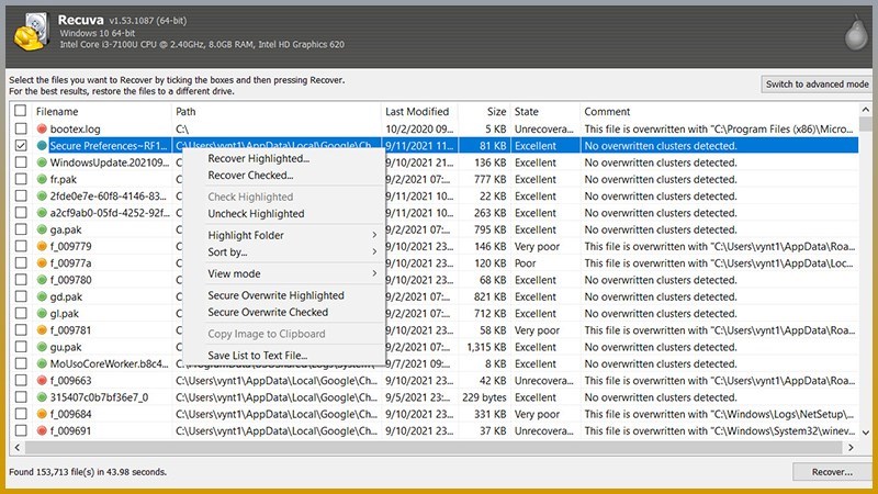 Screenshots Recuva - Phần mềm khôi phục tập tin, dữ liệu trên máy tính