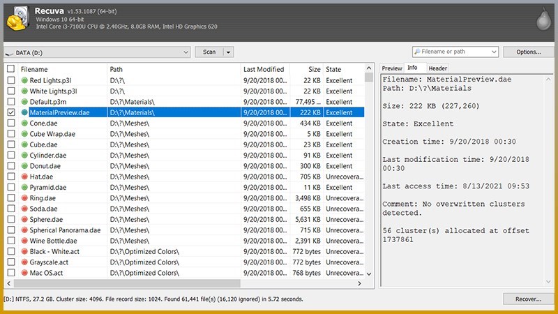 Screenshots Recuva - Phần mềm khôi phục tập tin, dữ liệu trên máy tính