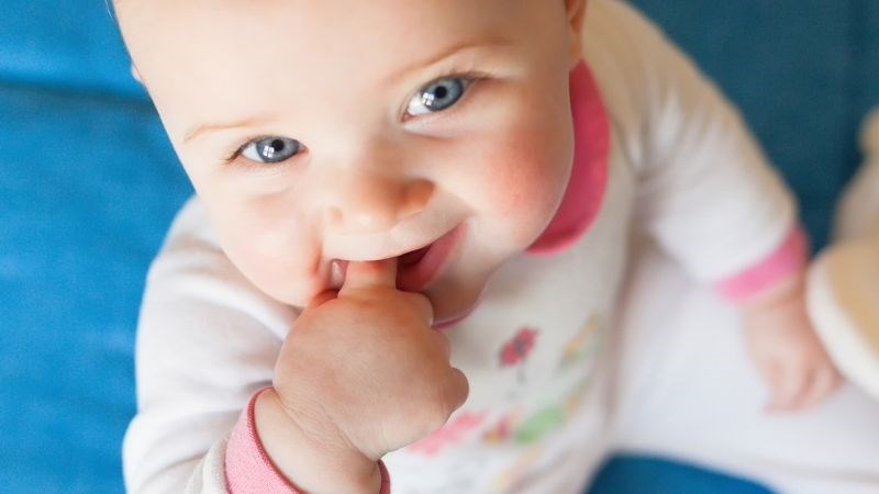 Bé có dấu hiệu gặp cắn ngón tay thì đây là dấu hiệu chứng tỏ bé đang mọc răng