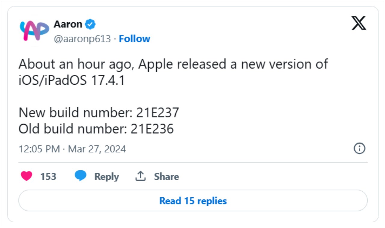 Apple âm thầm phát hành bản dựng mới của iOS 17.4.1