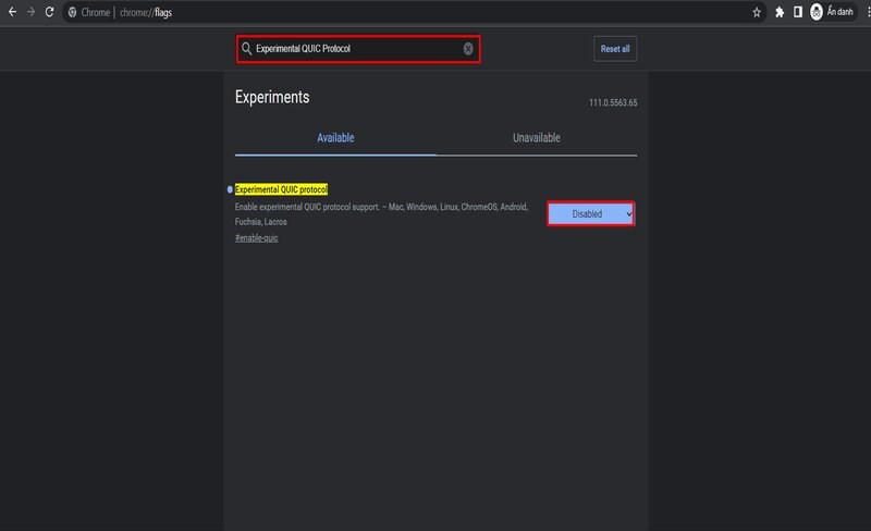 Vô hiệu hóa Experimental Quic Protocol