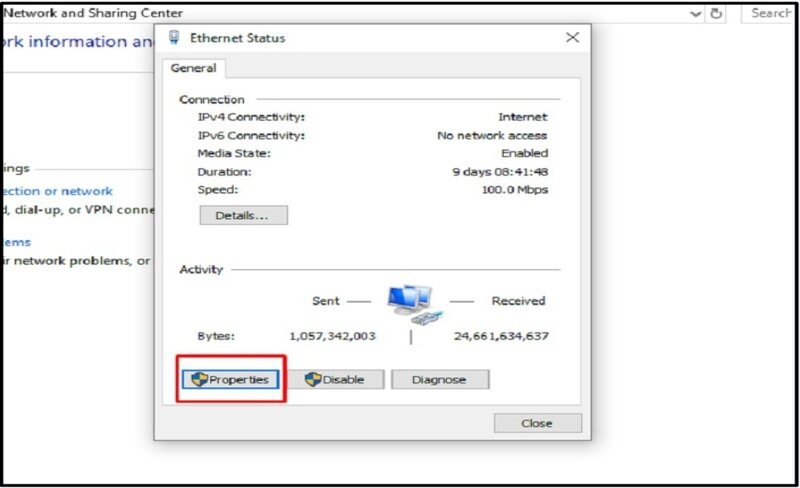 Trong Ethernet Status lựa chọn Properties