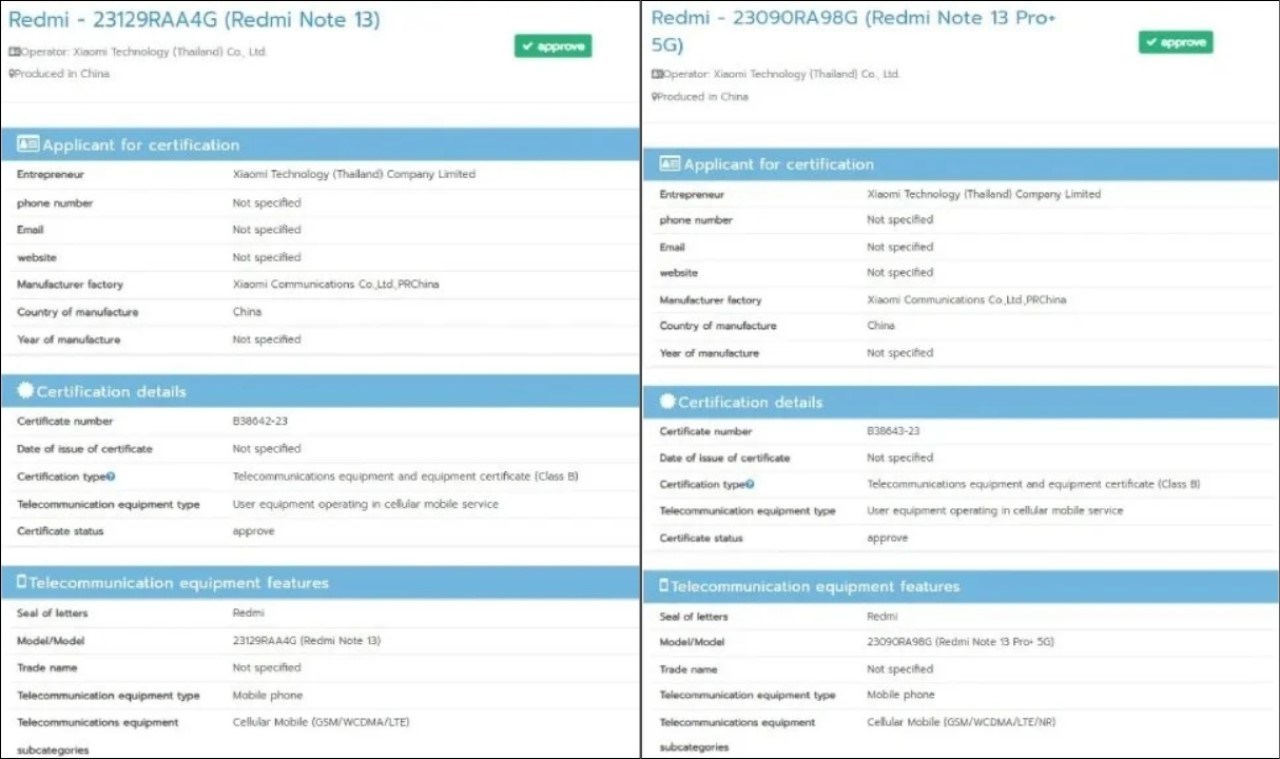 Thông tin về Redmi Note 13 4G và Redmi Note 13 Pro+ 5G trên NBTC