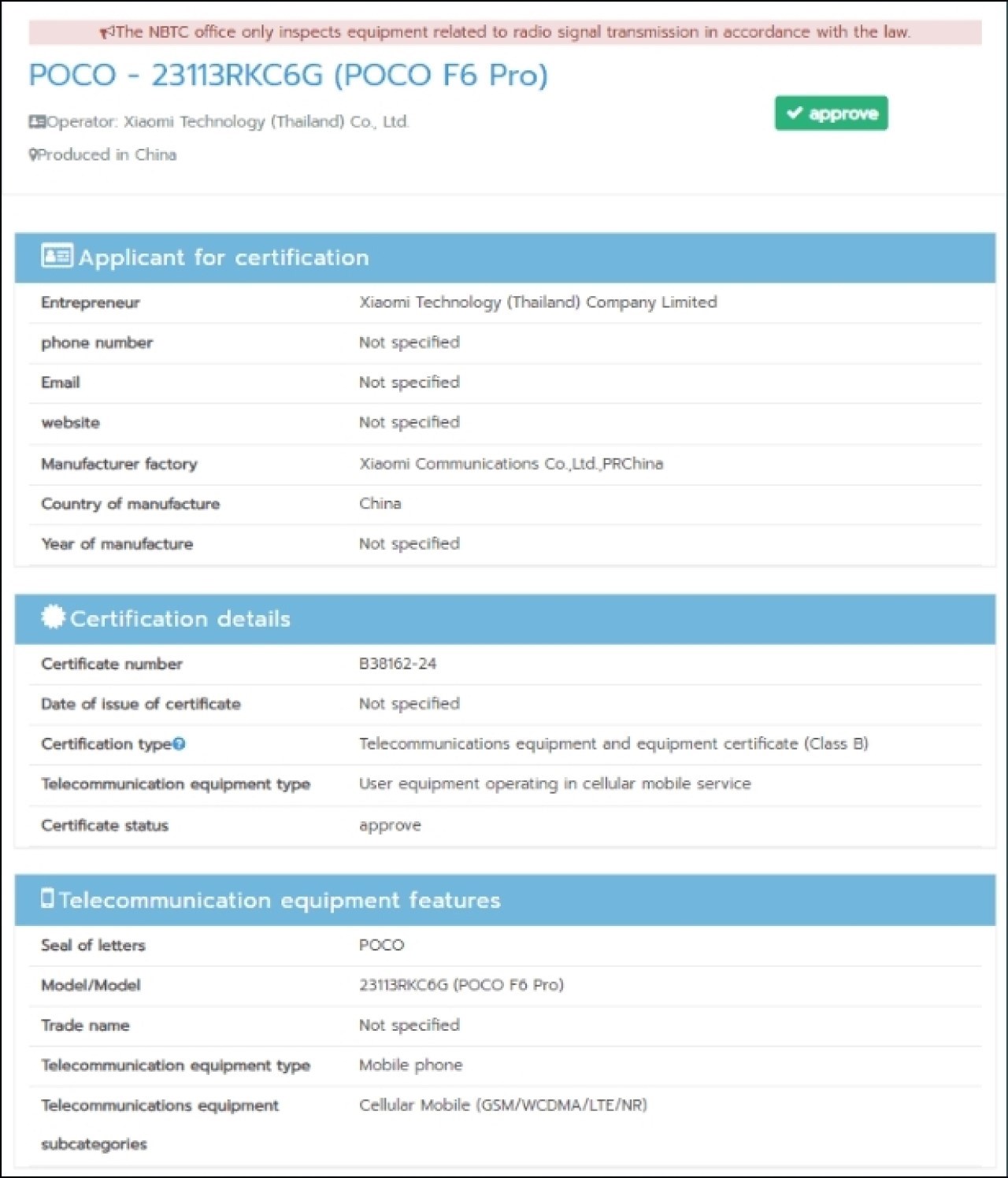 Thông tin của POCO F6 Pro trên NBTC
