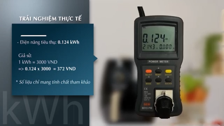 Kết quả đo điện năng tiêu thụ khoảng 0.124kWh sau khi nướng hàu