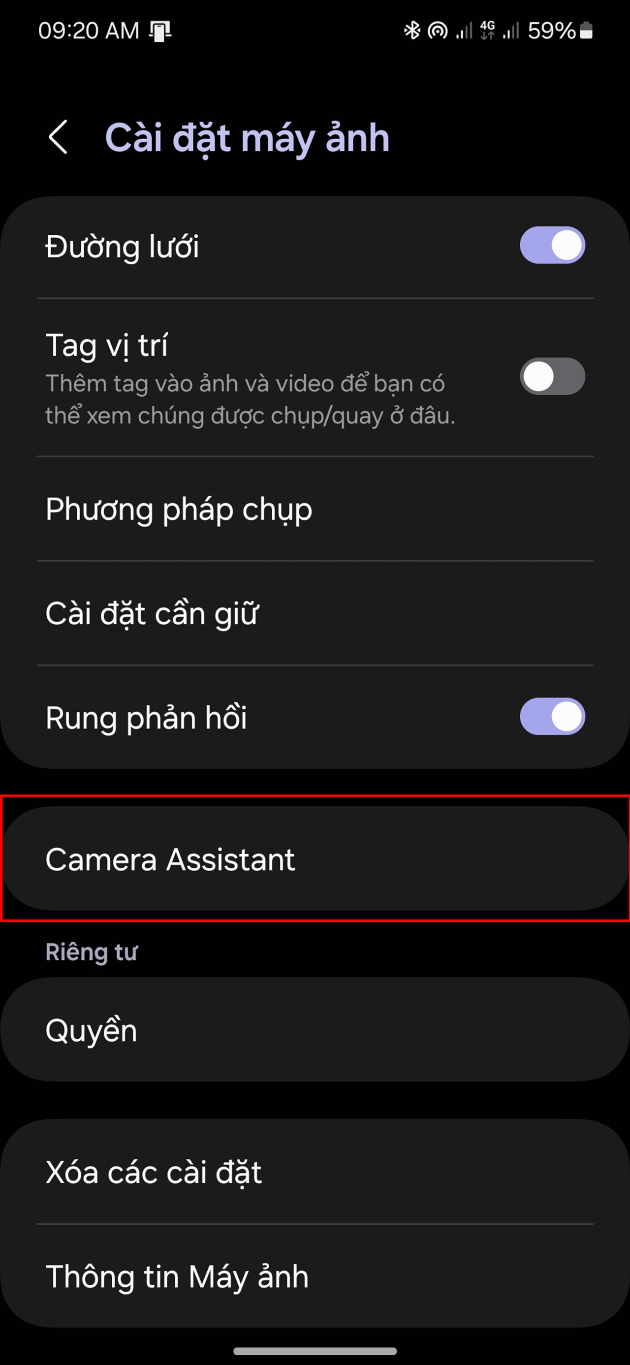 Bạn có thể truy cập vào Camera Assistant từ cài đặt camera