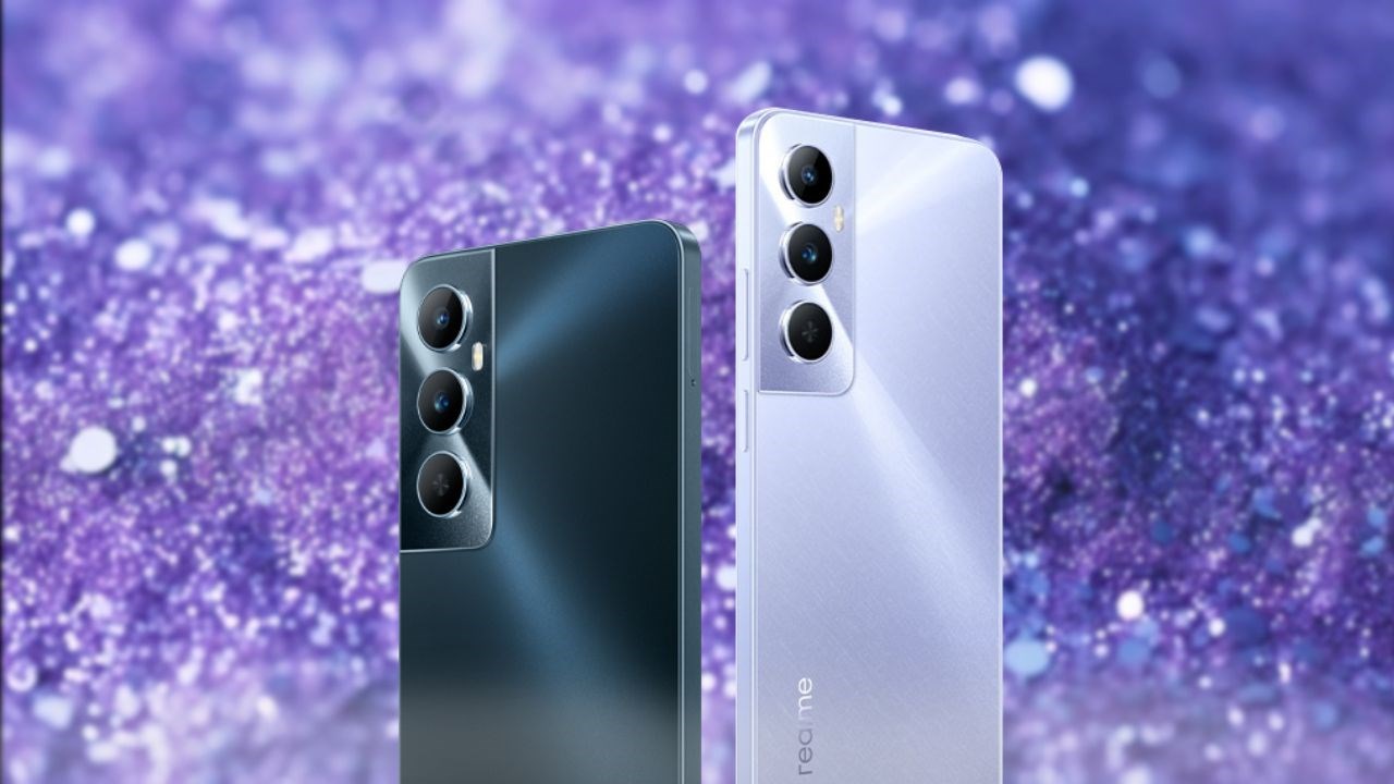 Các chọn lựa màu sắc trên điện thoại realme C65 Đen (bên trái), Tím (bên phải).
