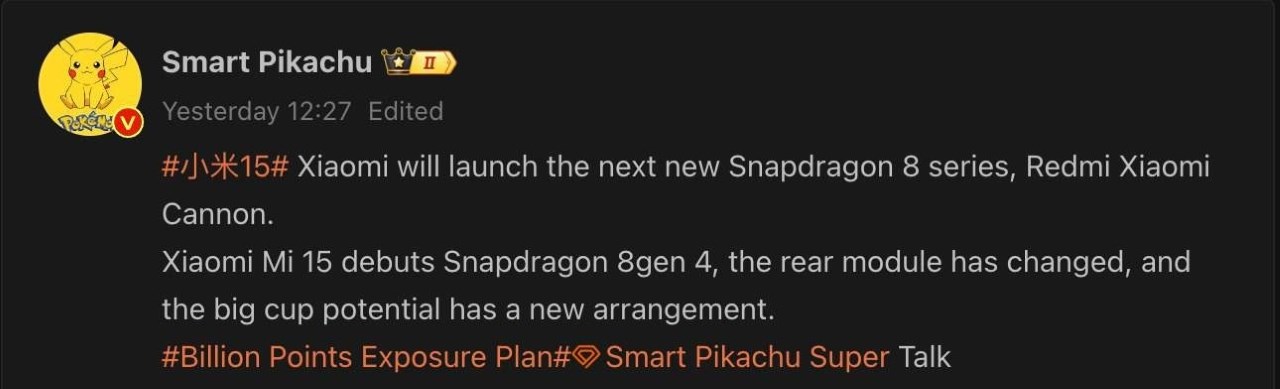 Smart Pikachu tiết lộ về Xiaomi 15 Series trên Weibo