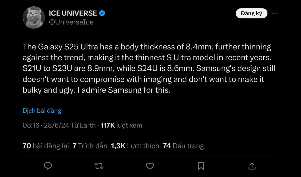 Ice Universe cũng cho rằng S25 Ultra sẽ có độ mỏng đáng kể
