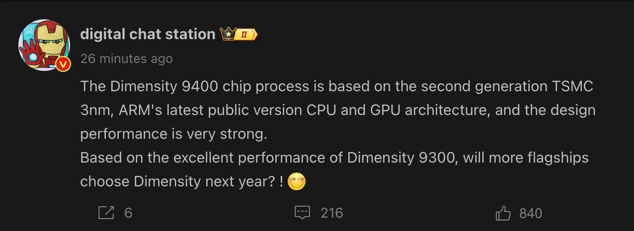 Chia sẻ của Digital Chat Station về Dimensity 9400 Chia sẻ của Digital Chat Station về Dimensity 9400