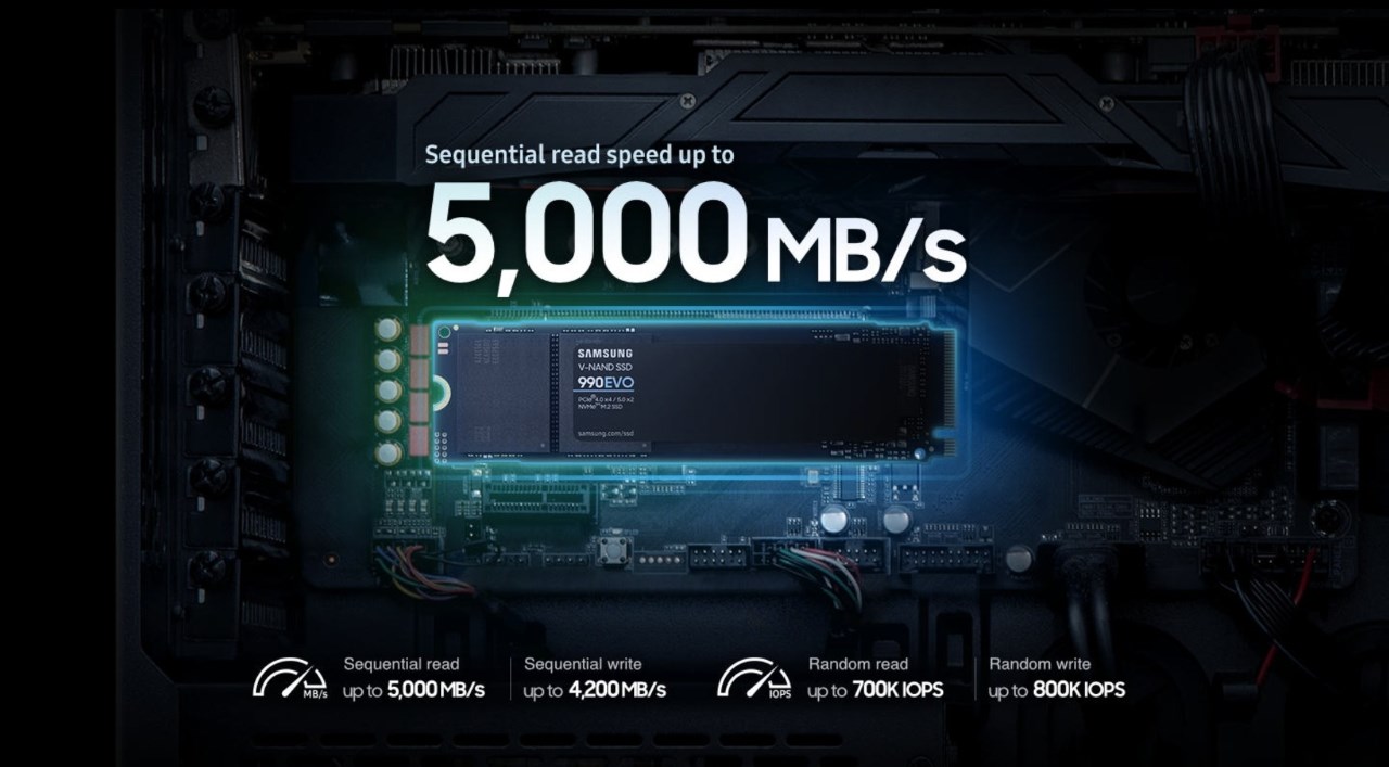 Ổ cứng SSD 990 EVO có tốc độ đọc và ghi là 5.000 MB/s và 4.200 MB/s