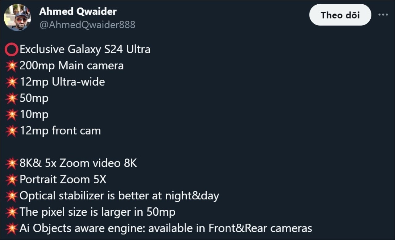 Leaker Ahmed Qwaider tiết lộ về các thay đổi trên Galaxy S24 Ultra