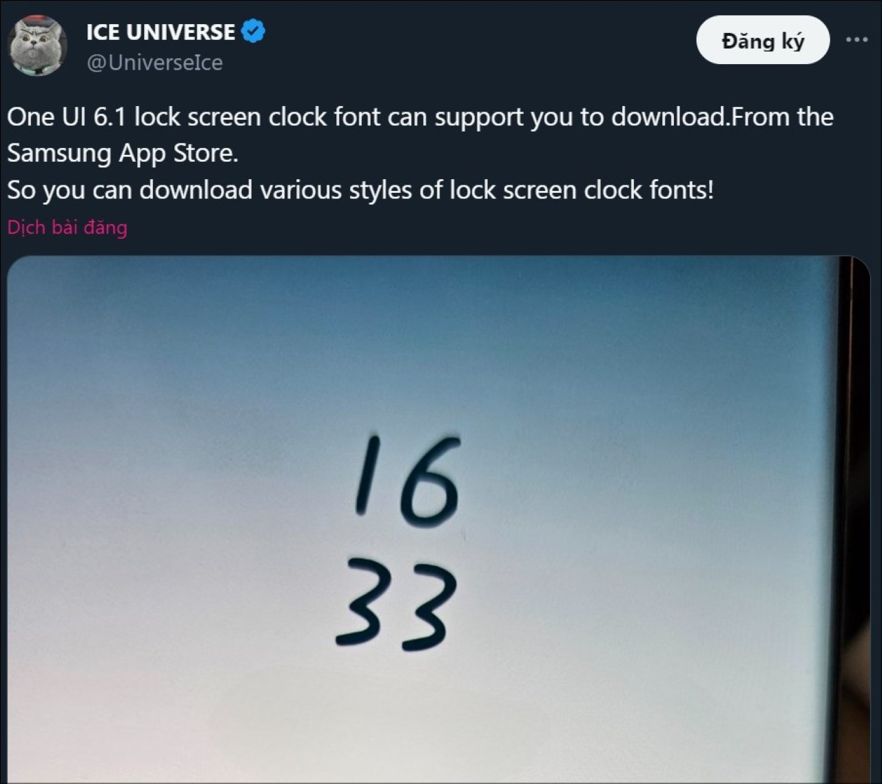 Ice Universe cho biết đồng hồ trên màn hình khóa trong One UI 6.1 sẽ tương thích với các phông chữ tải xuống từ Galaxy Store