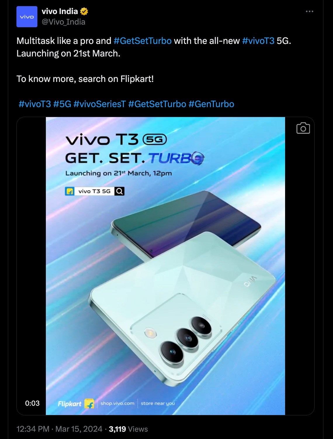 Bài đăng của hãng xác nhận ra mắt Vivo T3 5G vào ngày 21/3 tới