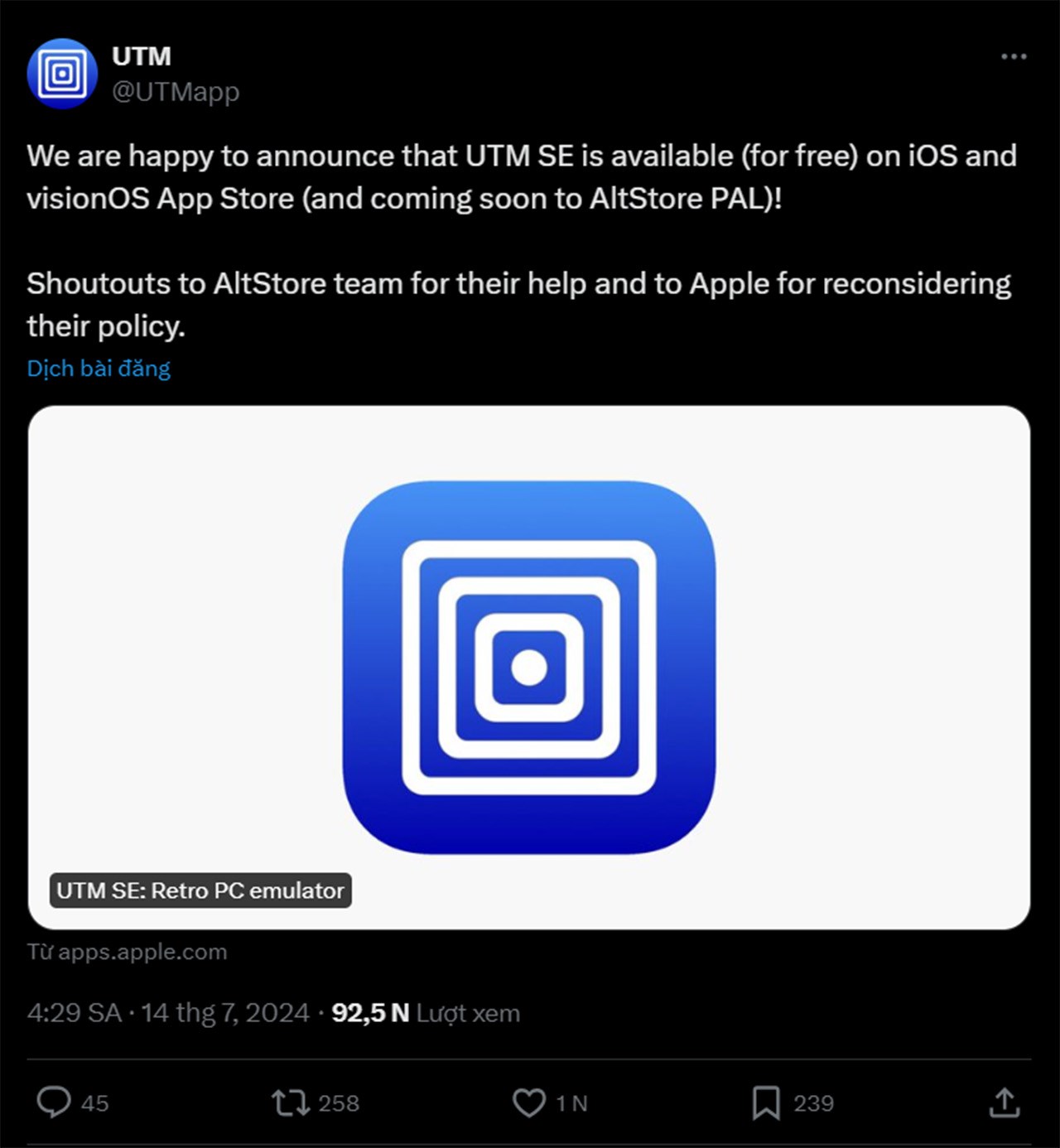 Bài đăng của UTM xác nhận về việc ứng dụng UTM SE đã có mặt trên App Store