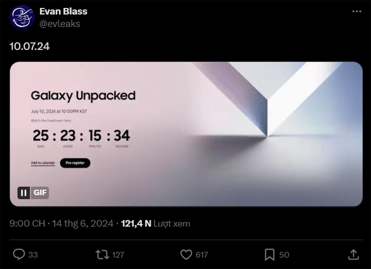 Leaker Evan Blass đã đăng tải đoạn video thời gian đếm ngược về ngày diễn ra sự kiện Unpacked 2024