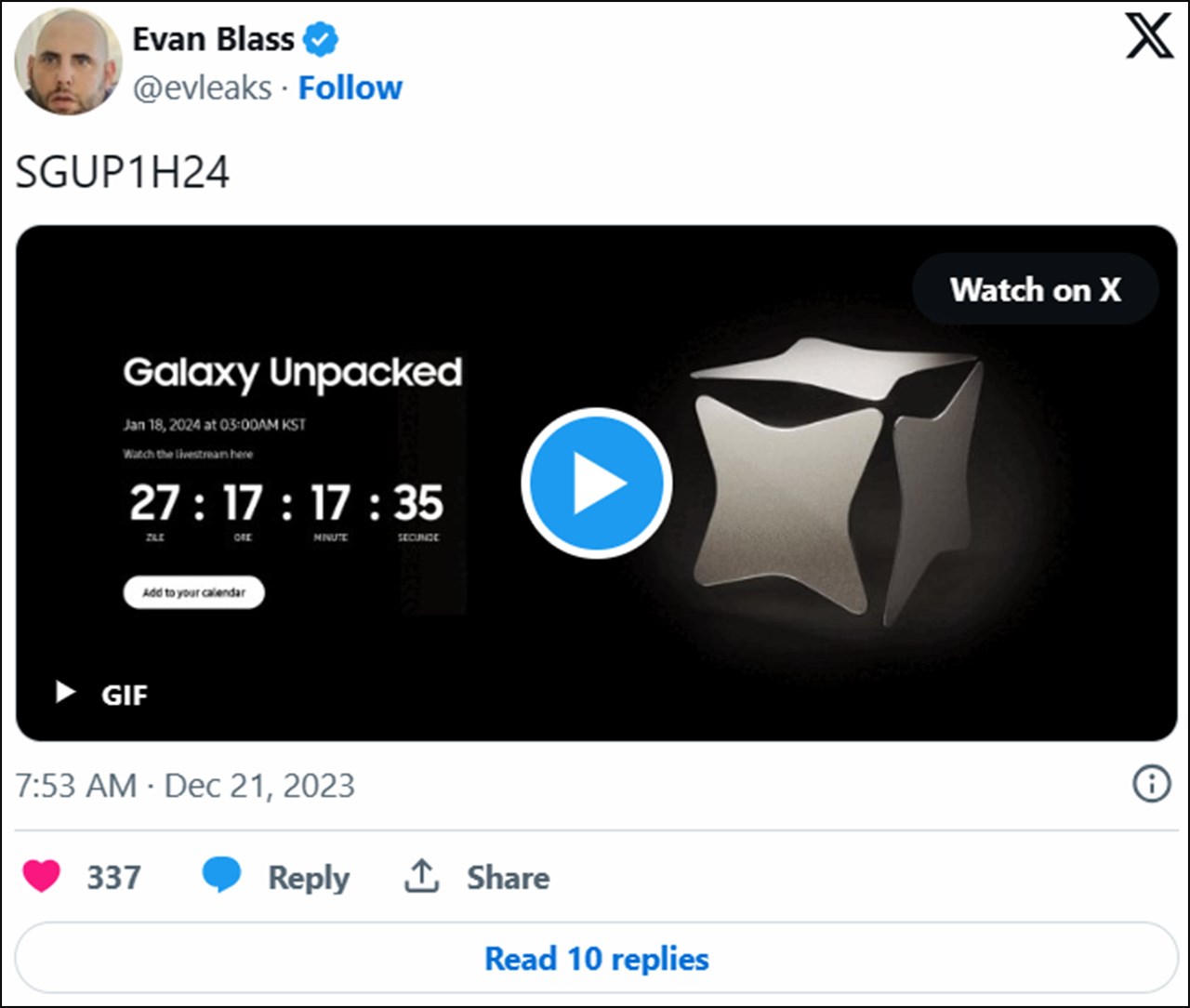 Leaker Evan Blass đã đăng tải hình ảnh poster sự kiện Unpacked lên trang mạng xã hội X
