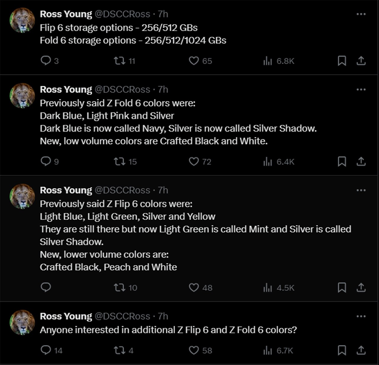 Leaker Ross Young đã đăng trên X/Twitter về các tùy chọn màu sắc của Galaxy Z Fold 6 và Z Flip 6 