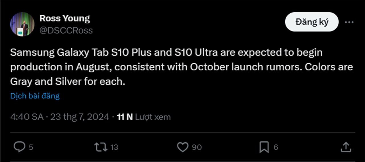 Leaker Ross Young đã hé lộ về ngày ra mắt của Galaxy Tab S10 series