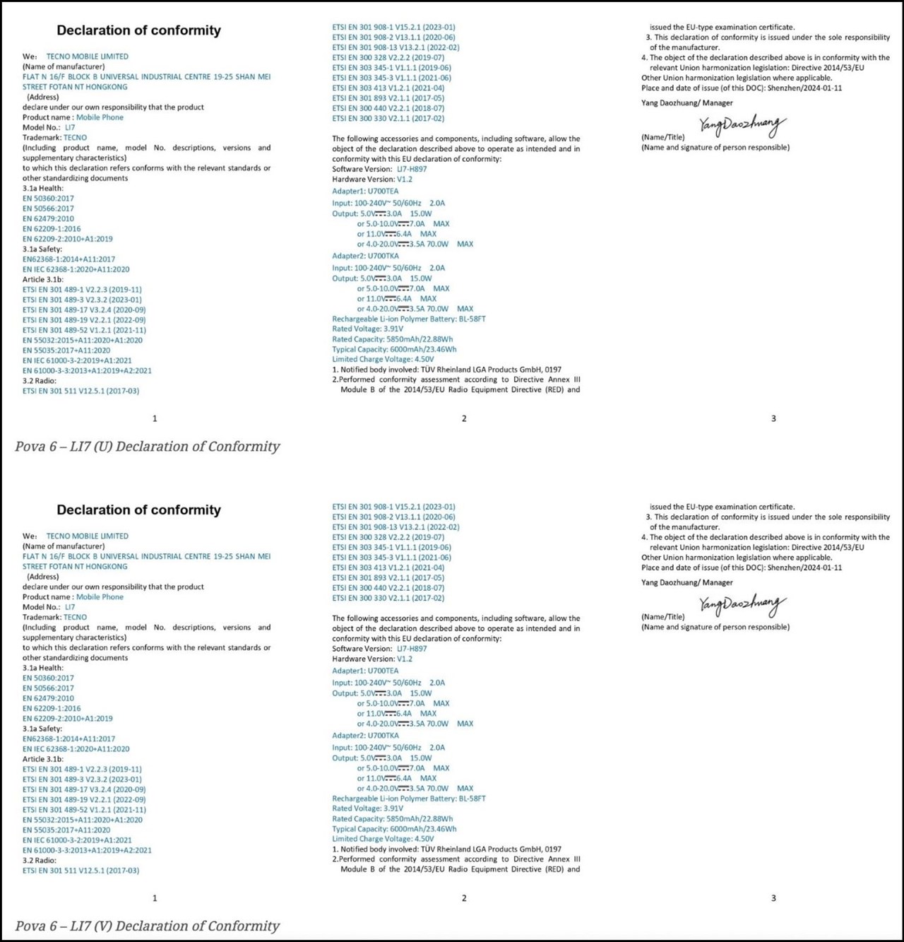Chứng nhận Declaration of Conformity của bộ đôi Tecno Pova 6 và Pova 6 Pro