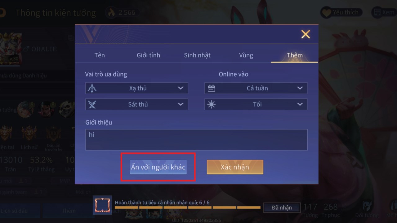 Cách ẩn tiểu sử trong Liên Quân