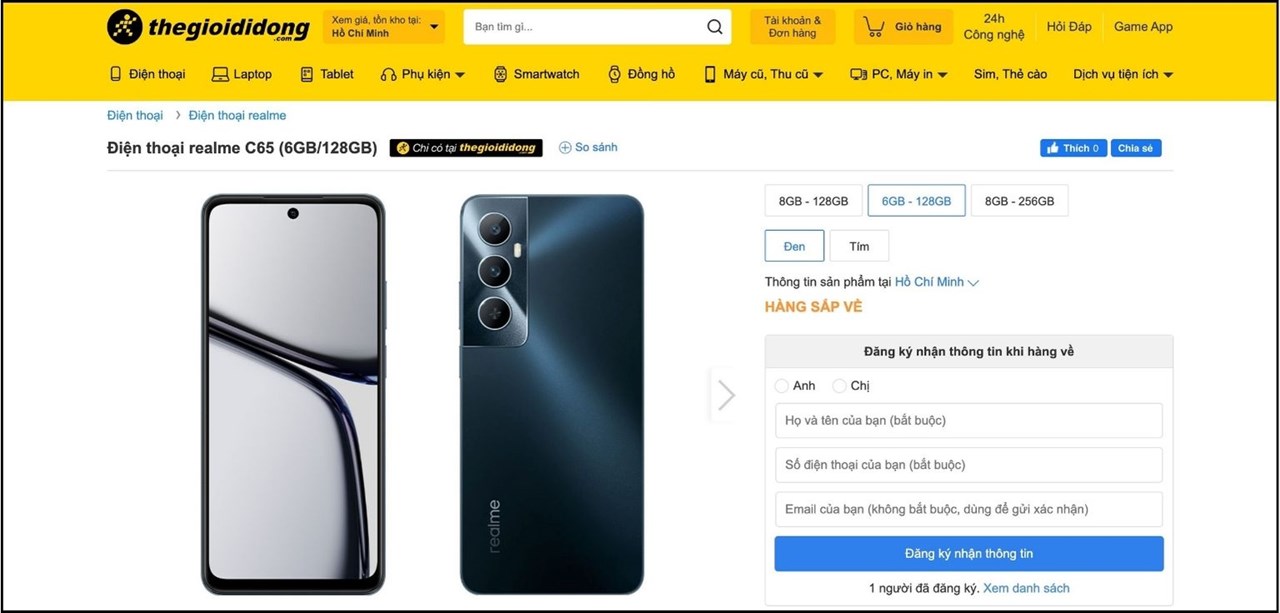 Trên trang Thế Giới Di Động, realme C65 đã được thay đổi trạng thái thành hàng sắp về