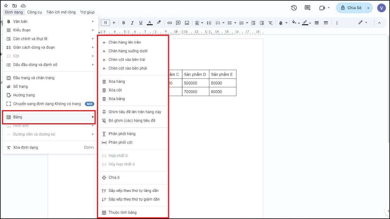 Cách chỉnh sửa bảng trên Google Docs