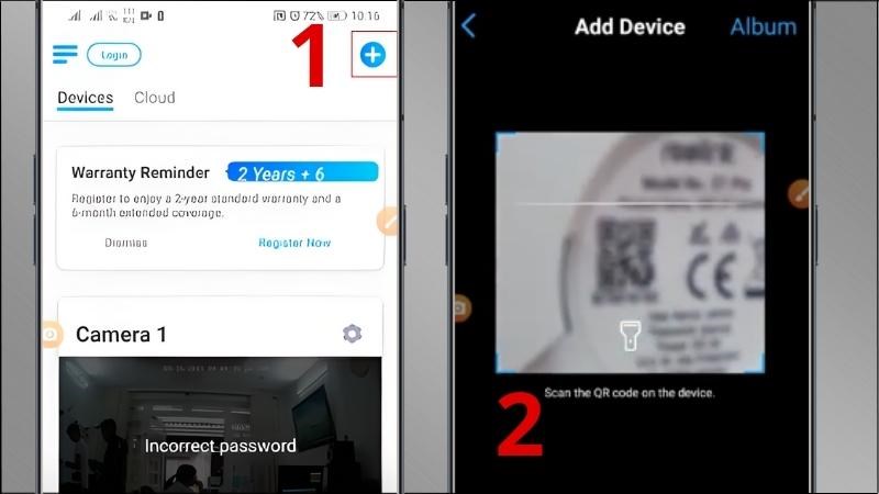 Nhấn v&agrave;o biểu tượng dấu cộng > Qu&eacute;t m&atilde; QR của camera