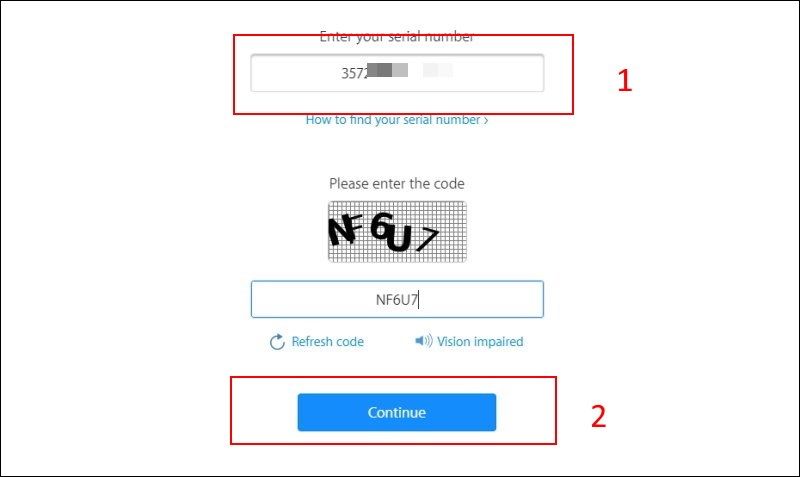 Nhập th&ocirc;ng tin số IMEI v&agrave; bấm continue