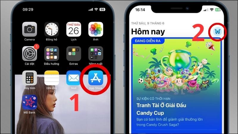 Vào phần mềm App Store > Chọn hình tượng tài khoản