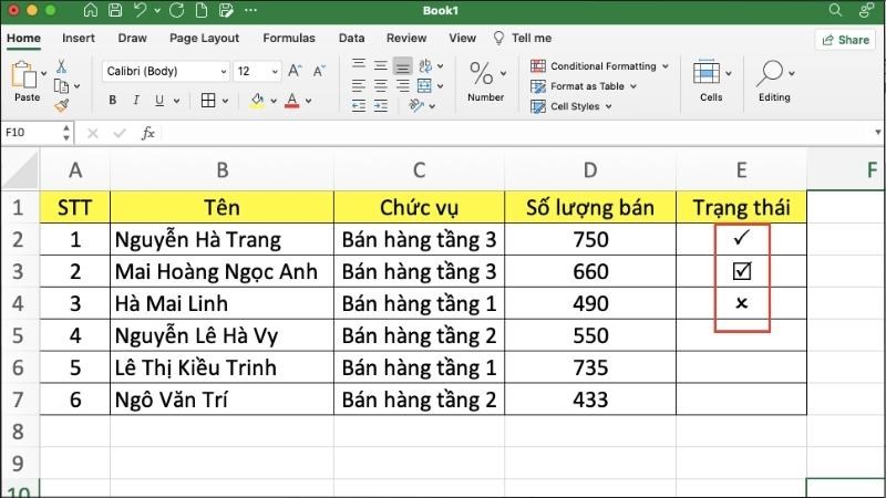 Sử dụng các tổ hợp phím như hướng dẫn để đánh dấu tích