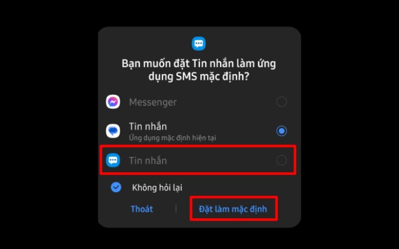 Chọn Tin nhắn Samsung > Chọn Đặt l&agrave;m mặc định