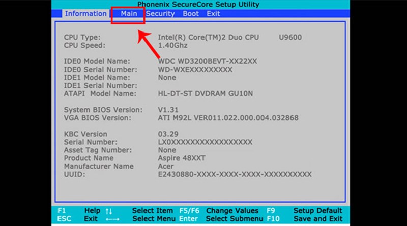 Sử dụng ph&iacute;m di chuyển đến mục Main
