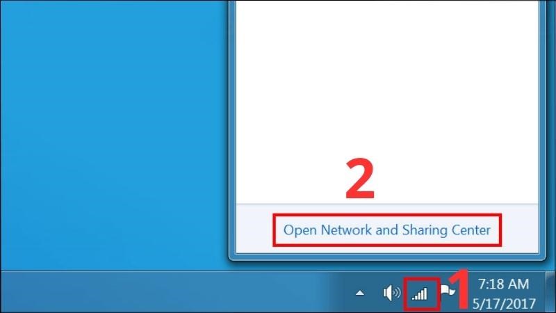 Chọn v&agrave;o biểu tượng Wifi > Chọn Open Network and sharing Center 