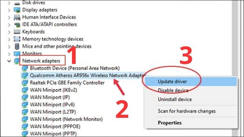 Mở mục Network Adapters > Chọn t&ecirc;n Wifi > Chọn Update driver