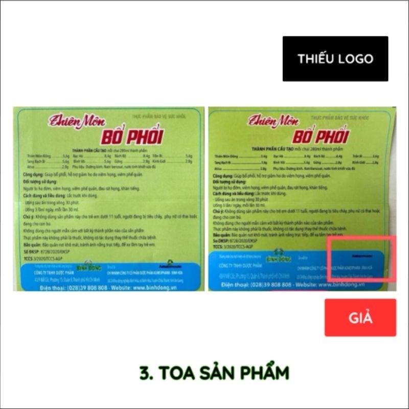 Giấy toa sản phẩm của sản phẩm thật sẽ có logo của công ty