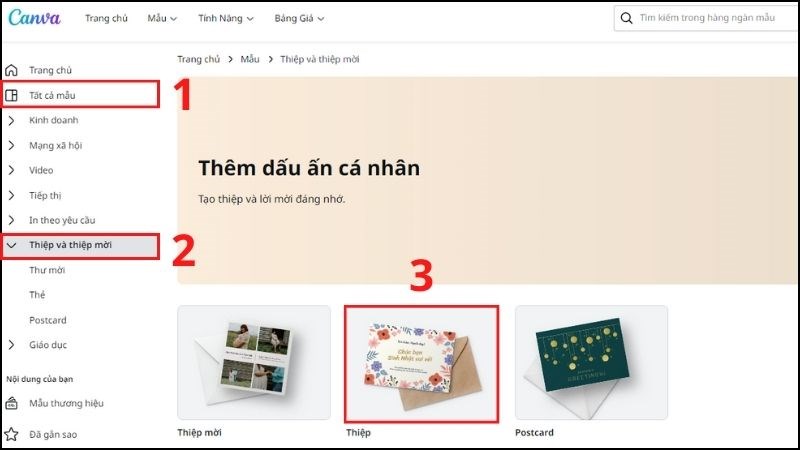 Chọn vào Mẫu rồi chọn Thiệp để tạo thiệp mới