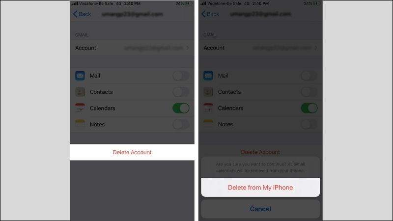 Chọn lịch sau đó nh&acirc;́n xóa tài khoản và xác nh&acirc;̣n