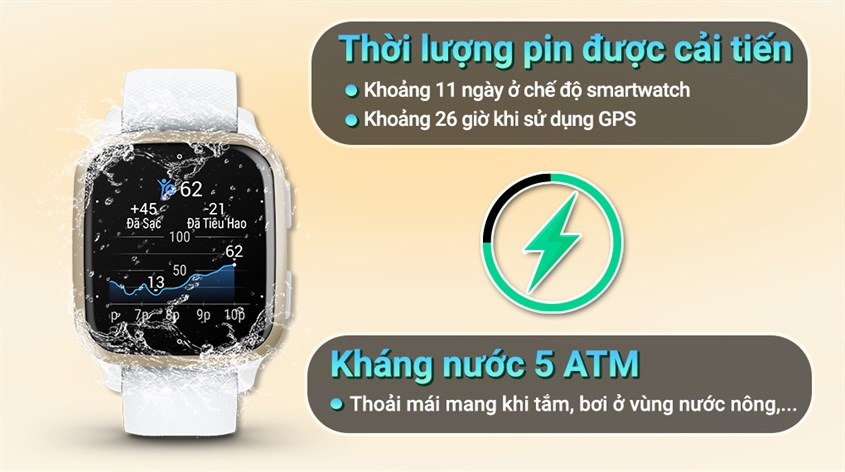 Thời lượng pin và khả năng kháng nước của Garmin Venu SQ 2 Thời lượng pin và khả năng kháng nước của Garmin Venu SQ 2