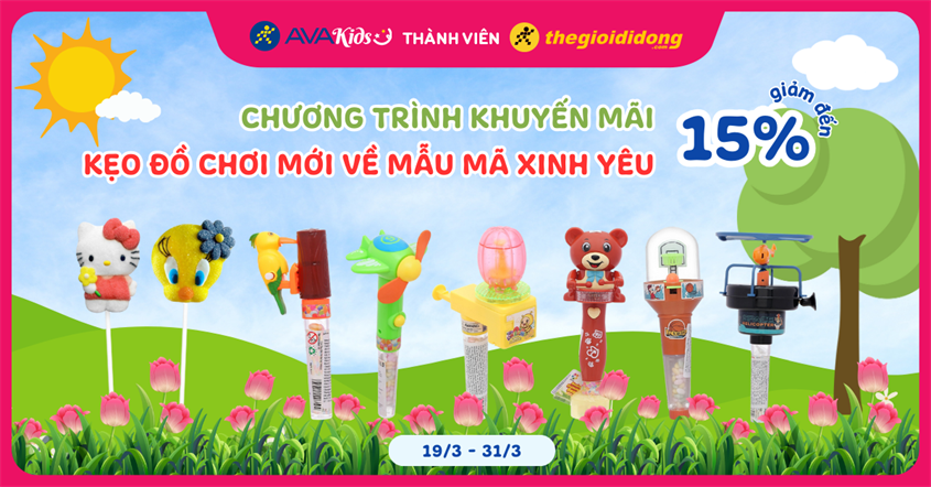(19/3 - 31/3) Chương trình khuyến mãi: Kẹo đồ chơi mới về mẫu mã xinh yêu giảm đến 15%. Mua ngay!