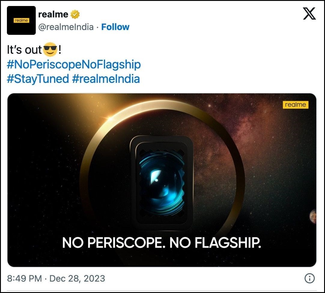 Bài đăng trên X của realme về mẫu smartphone với công nghệ camera kính tiềm vọng Bài đăng trên X của realme về mẫu smartphone với công nghệ camera kính tiềm vọng