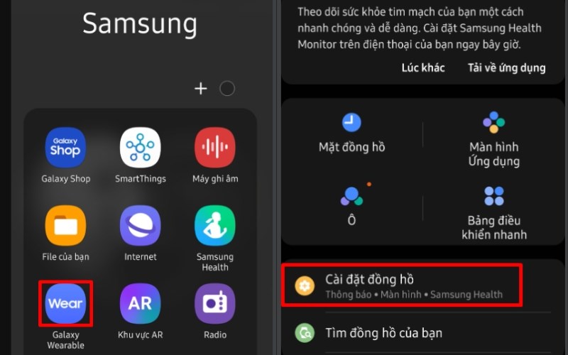 Chọn vào Galaxy Wearable > Ấn vào Cài đặt đồng hồ Chọn vào Galaxy Wearable > Ấn vào Cài đặt đồng hồ