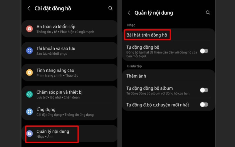 Chọn Quản lý nội dung > Chọn Bài hát trên đồng hồ Chọn Quản lý nội dung > Chọn Bài hát trên đồng hồ