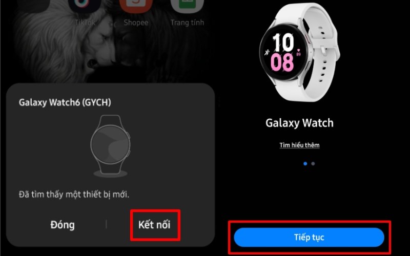 Nhấn Kết nối trên điện thoại và chọn Tiếp tục. Nhấn Kết nối trên điện thoại và chọn Tiếp tục.