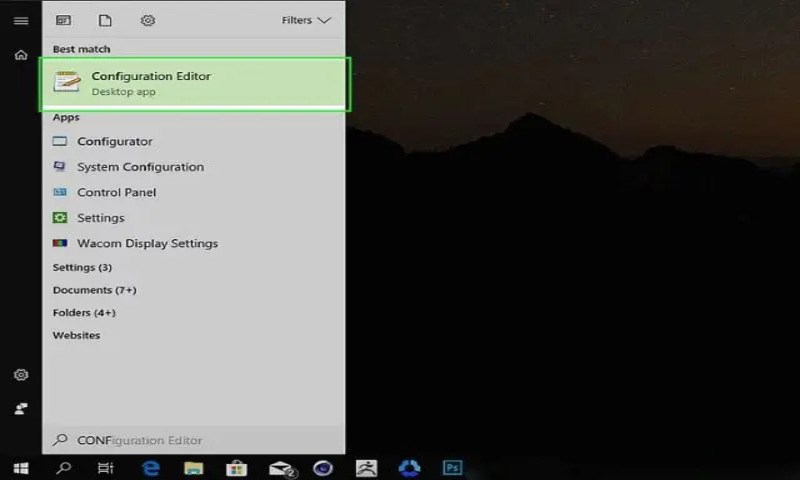Mở Configuration Editor trong mục t&igrave;m kiếm