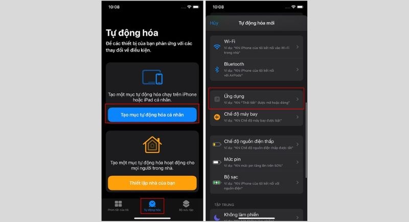 Mở ứng dụng Phím tắt chọn mục Tự đ&ocirc;̣ng hóa