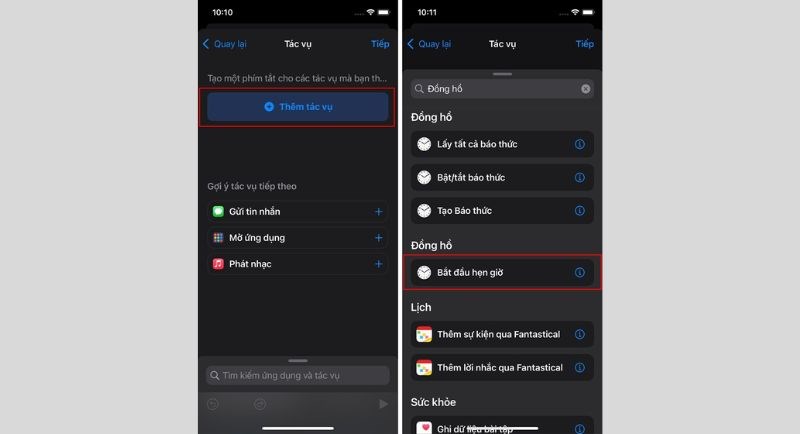 Chọn mục Th&ecirc;m tác vụ và Bắt đ&acirc;̀u hẹn giờ