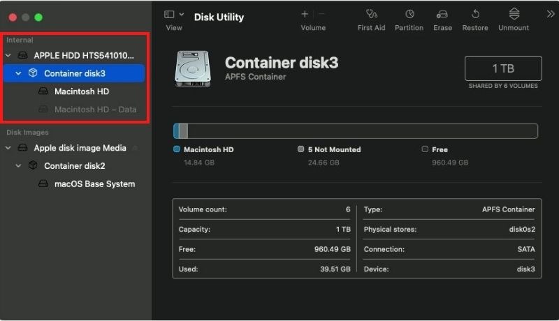 Ki&ecirc;̉m tra &ocirc;̉ đĩa có t&ecirc;n Macintosh HD.