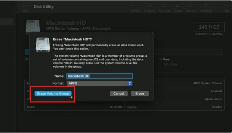 Xóa nhóm ph&acirc;n vùng (Erase Volume Group).
